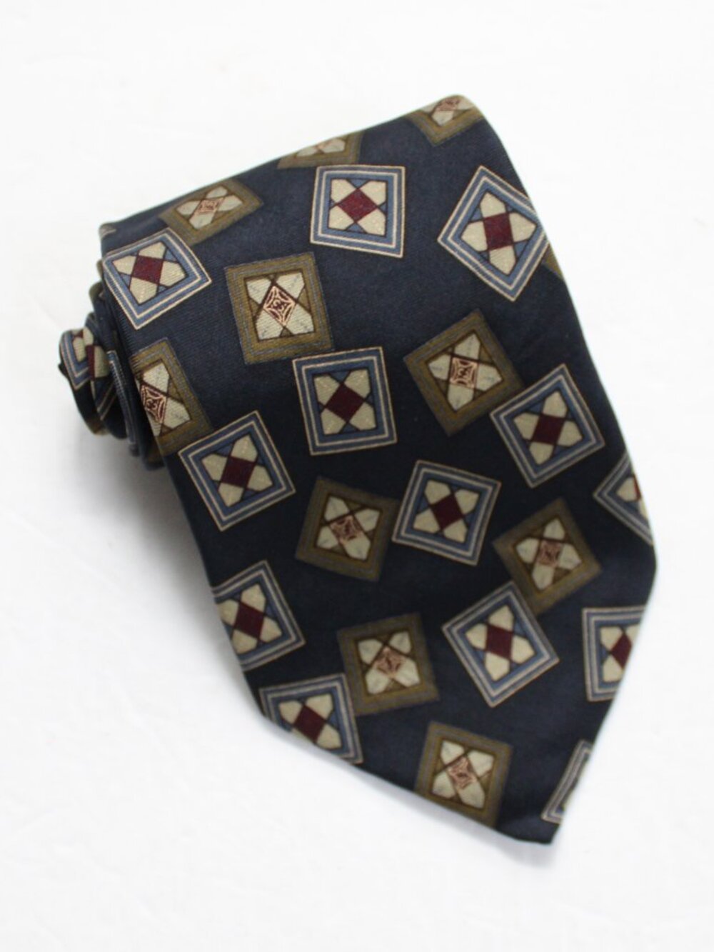 Liberty of London Geometric Diamond Square Pattern Navy Blue Silk Men's Neck Tie